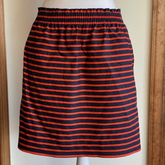 J. CREW Classic Navy Orange Stripe Elastic Waist Linen Mini Sidewalk Skirt 10 - Picture 1 of 14